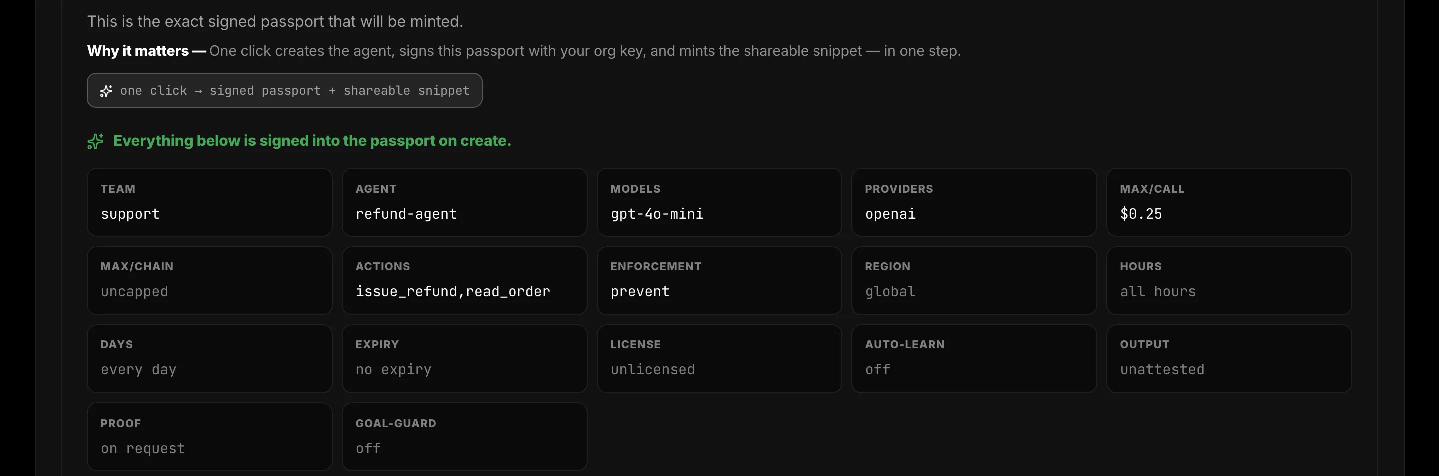 A signed passport per agent, not a config file. Which models, which providers, which regions, how much it may spend, when it may run, and which tools it may ask for — signed, versioned, and enforced in the proxy path rather than checked by the code being governed.